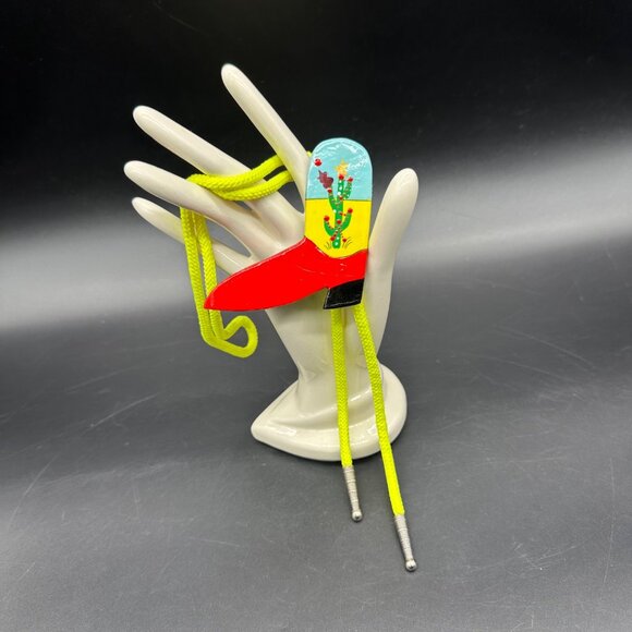 Western Bolo Tie Hand Painted Wooden Christmas Cowboy Boot Cactus Retro Kitsch - Picture 2 of 6